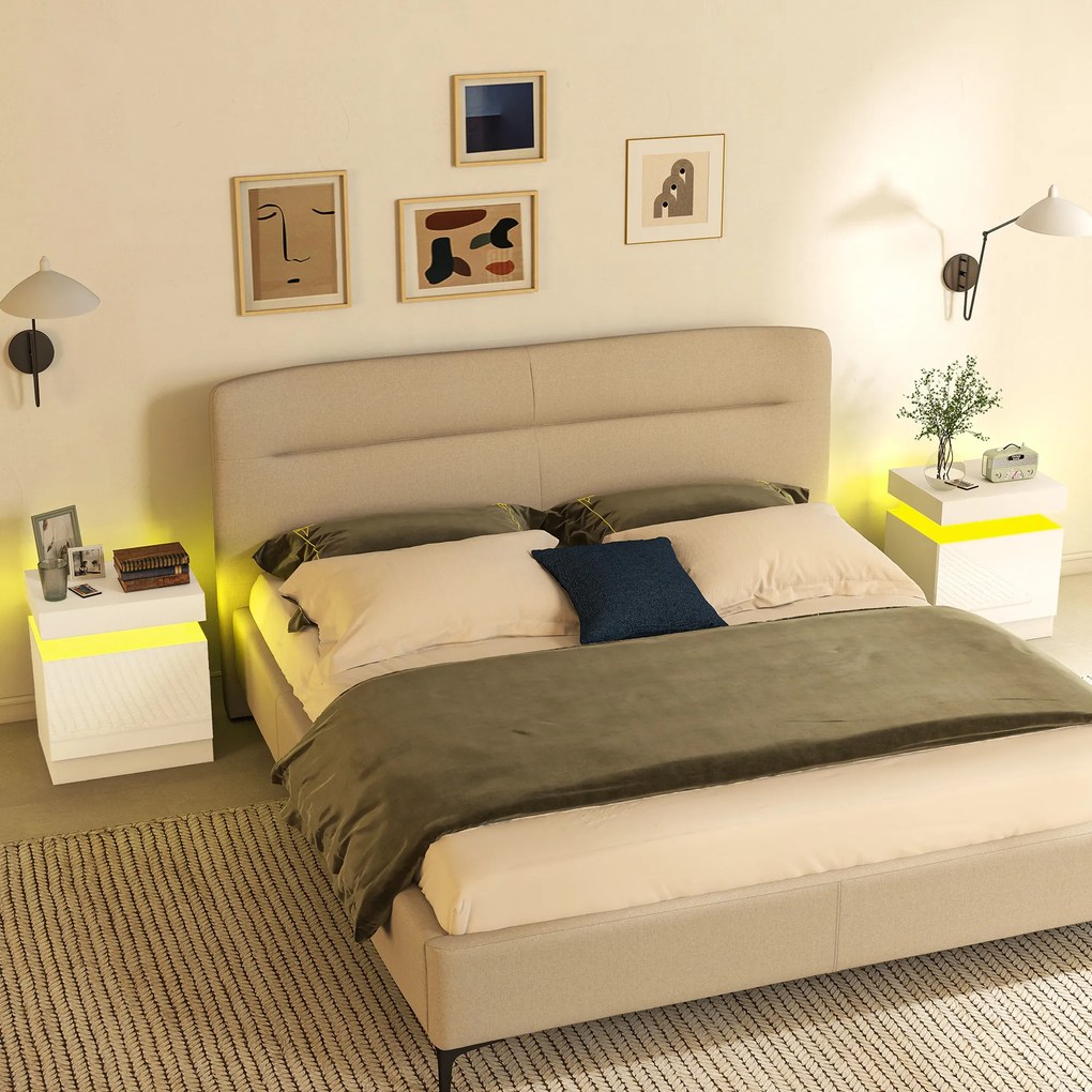 HOMCOM Set 2 Noptiere LED cu 4 Moduri, 2 Sertare, PAL, 45x35x52 cm, Alb Lucios | Aosom Romania
