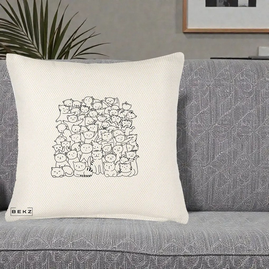 Perna Personalizata Many Cats Pattern Alb-Negru, 40x40 cm, Crem Reliefat, Husa Detasabila, Perna Inclusa, BEKZ®