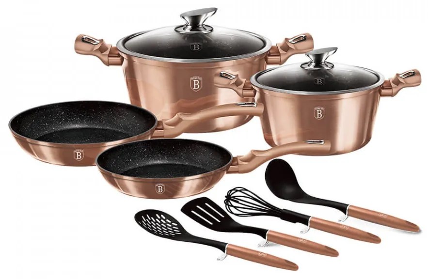 Set oale si tigai marmorate (10 piese) din aluminiu forjat Rose Gold (Cupru) Metallic Line Berlinger Haus BH 6142