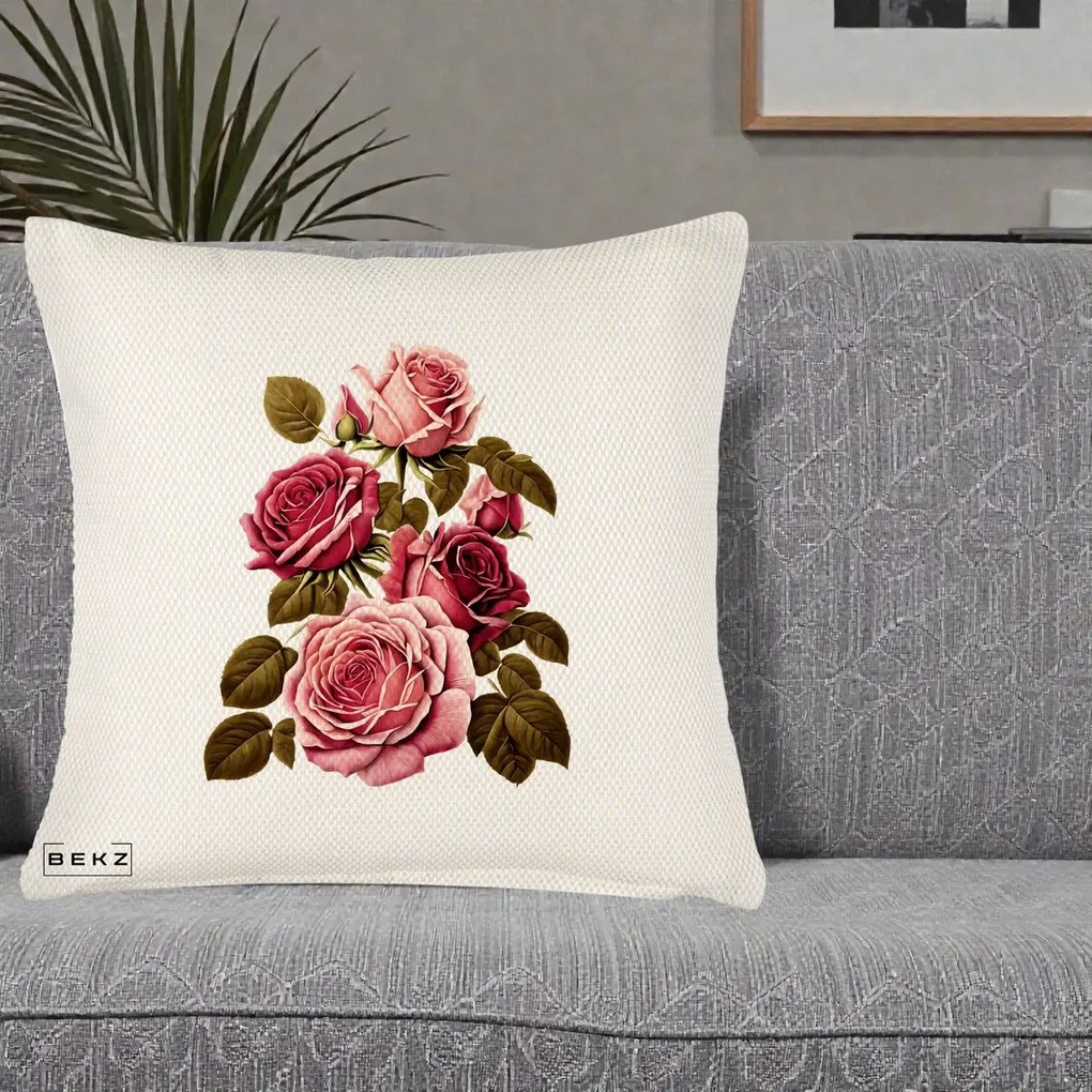 Perna Decorativa Trandafiri Vintage Roz-Rosii, 40x40 cm, Crem Reliefat, Husa Detasabila, Perna Inclusa, BEKZ®