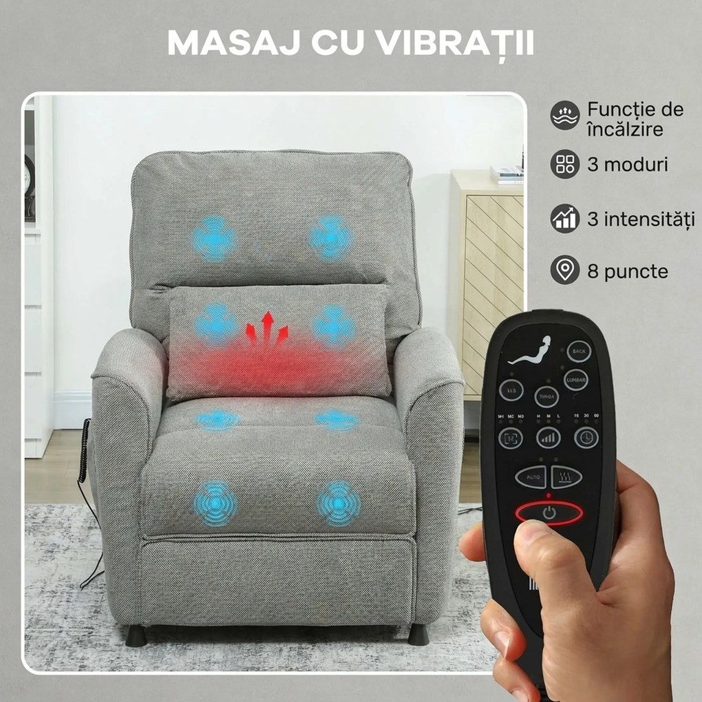 HOMCOM Fotoliu Relaxant Electric cu Masaj și Încălzire, Silențios, Reclinabil 150° în Cinilie cu Pernă, Funcție de Memorare, 2 Telecomenzi, Suport pentru Picioare, Pentru Living sau Birou, Gri Închis | Aosom Romania