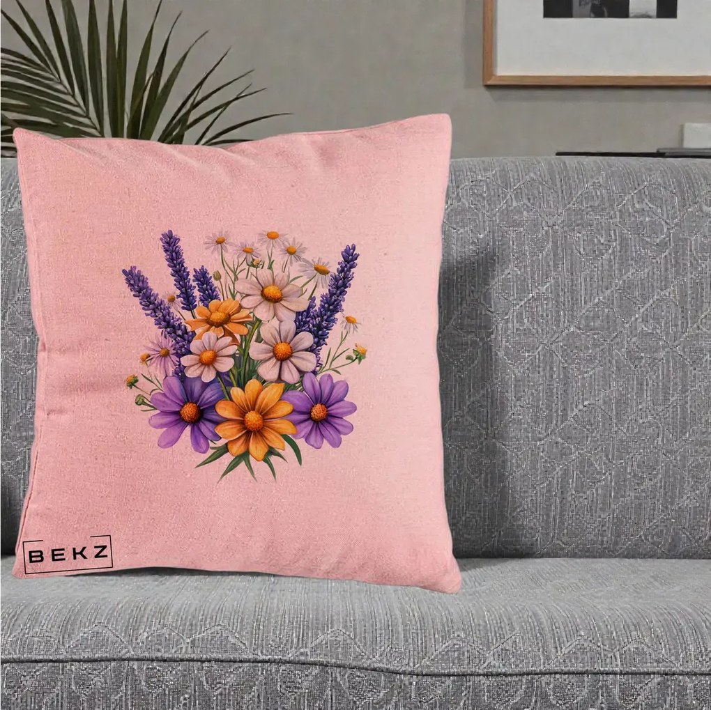 Perna Decorativa Lavanda Musetel si Flori Mov, 40x40 cm, Roz, Husa Detasabila, Perna Inclusa, BEKZ®