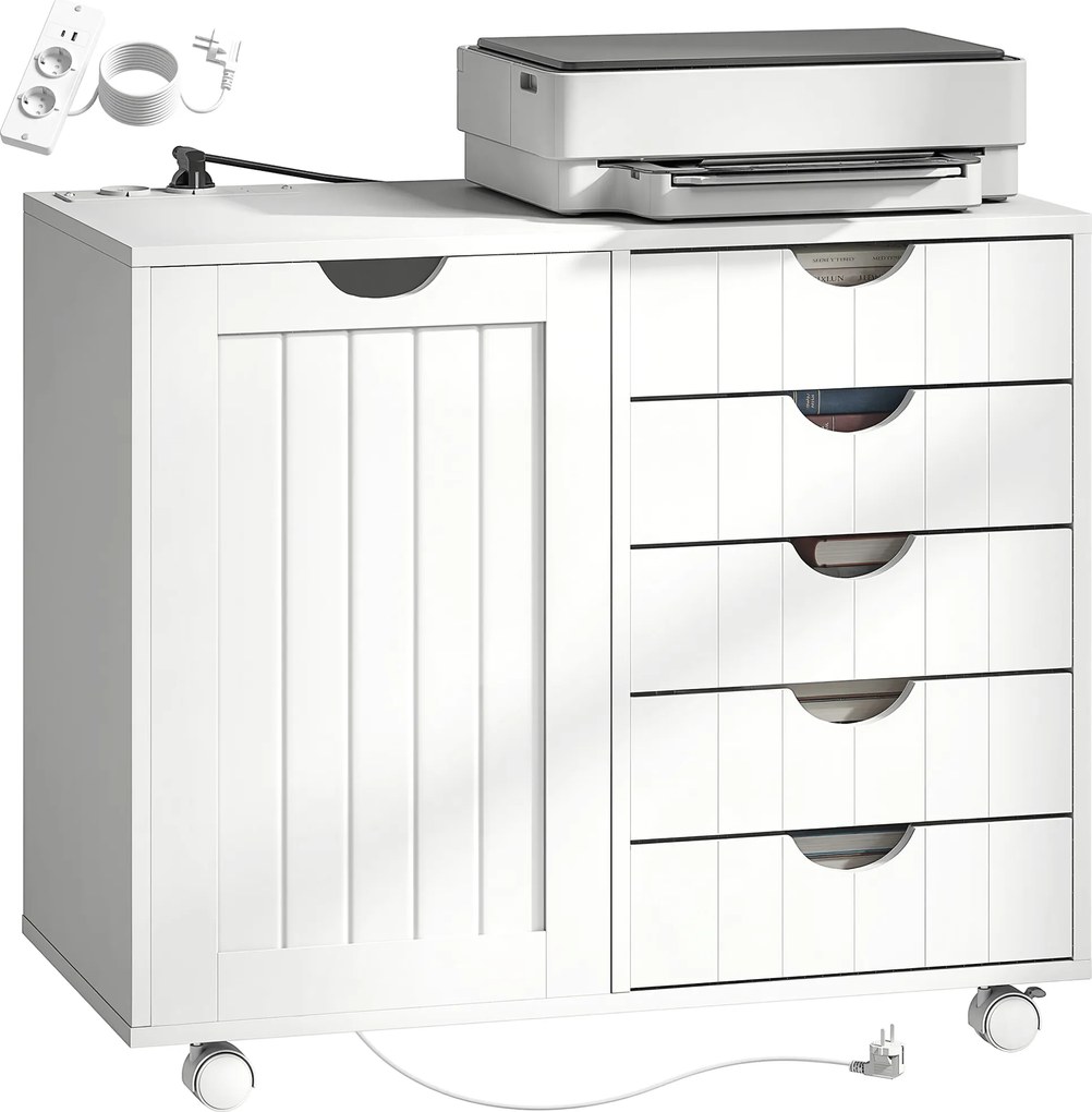 HOMCOM Mobilier pentru imprimantă cu stație de încărcare și roți 5 sertare porturi USB poliță reglabilă alb | Aosom Romania