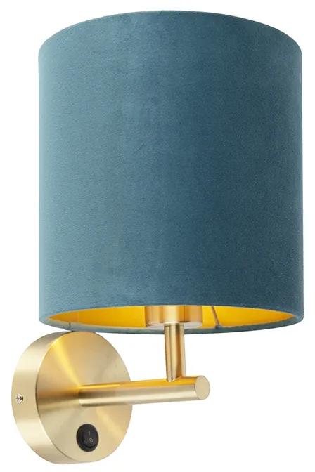 Lampă de perete elegantă aurie cu abajur de catifea albastră - Mat