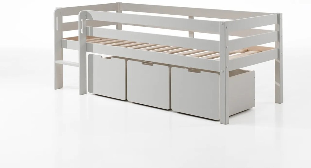 Dormitor Pino ALB 90x200 cm – Liniște și ordine în camera copilului tău | Set cu scară + 3 sertare | Gama PINO