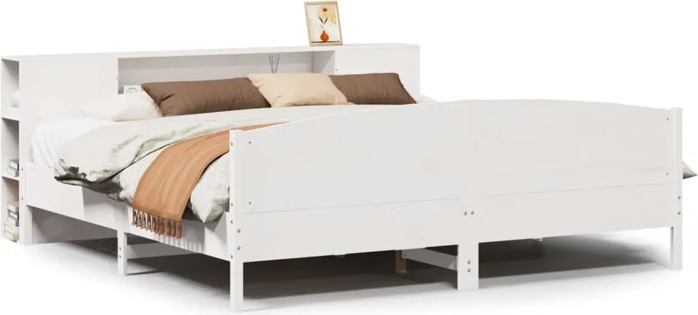 vidaXL Pat cu bibliotecă fără saltea, alb, 200x200 cm, lemn masiv pin