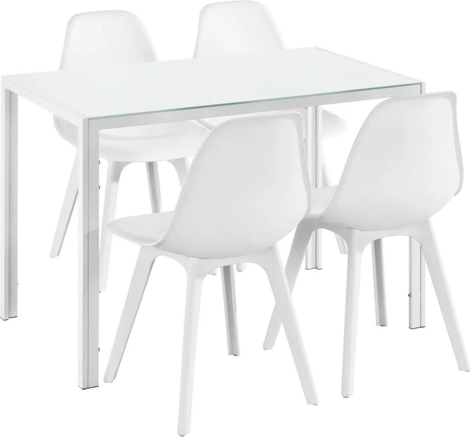 Set Xenia masa cu 4 scaune design, masa 105 x 60 cm, scaun 83 x 54 cm, sticla/metal/plastic, alb