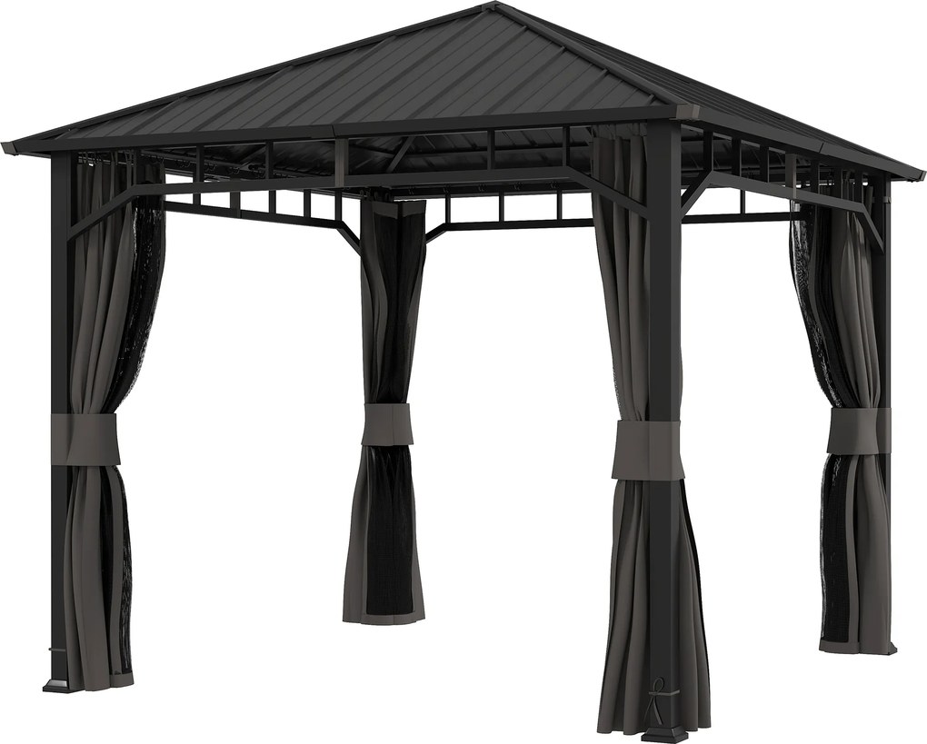 Outsunny Pavilion 3 x 3 m impermeabil stabil rezistent la iarnă pavilion de grădină cu părți laterale, plase, cârlige, acoperiș rigid Gri închis | Aosom Romania