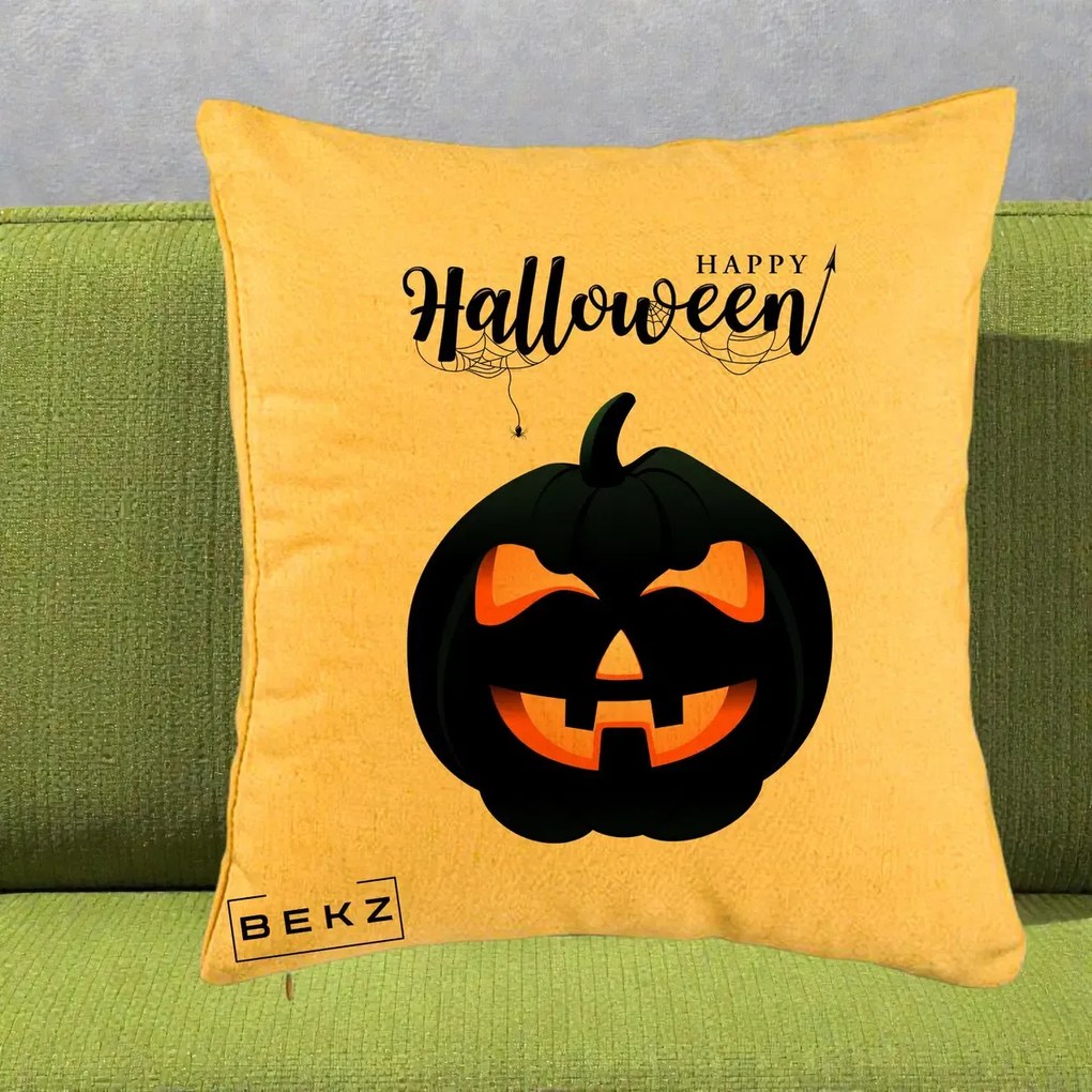Perna Decorativa Happy Halloween Dovleac Negru cu Paianjen, 40x40 cm, Galben, Husa Detasabila, Perna Inclusa, BEKZ®