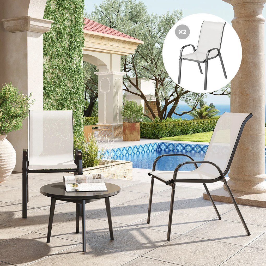 Outsunny Set de 2 Scaune de Exterior pentru Masă, Scaune Stivuibile cu Spătar Înalt, Șezut din Plasă Respirabilă pentru Grădină, Terasă, Gri Deschis | Aosom Romania