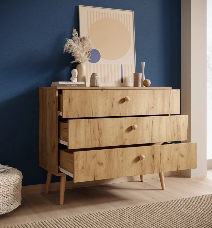 Comodă cu trei sertare, Beni, ADRK Furniture (Culoare: Stejar Artizanal / Stejar Artizanal)