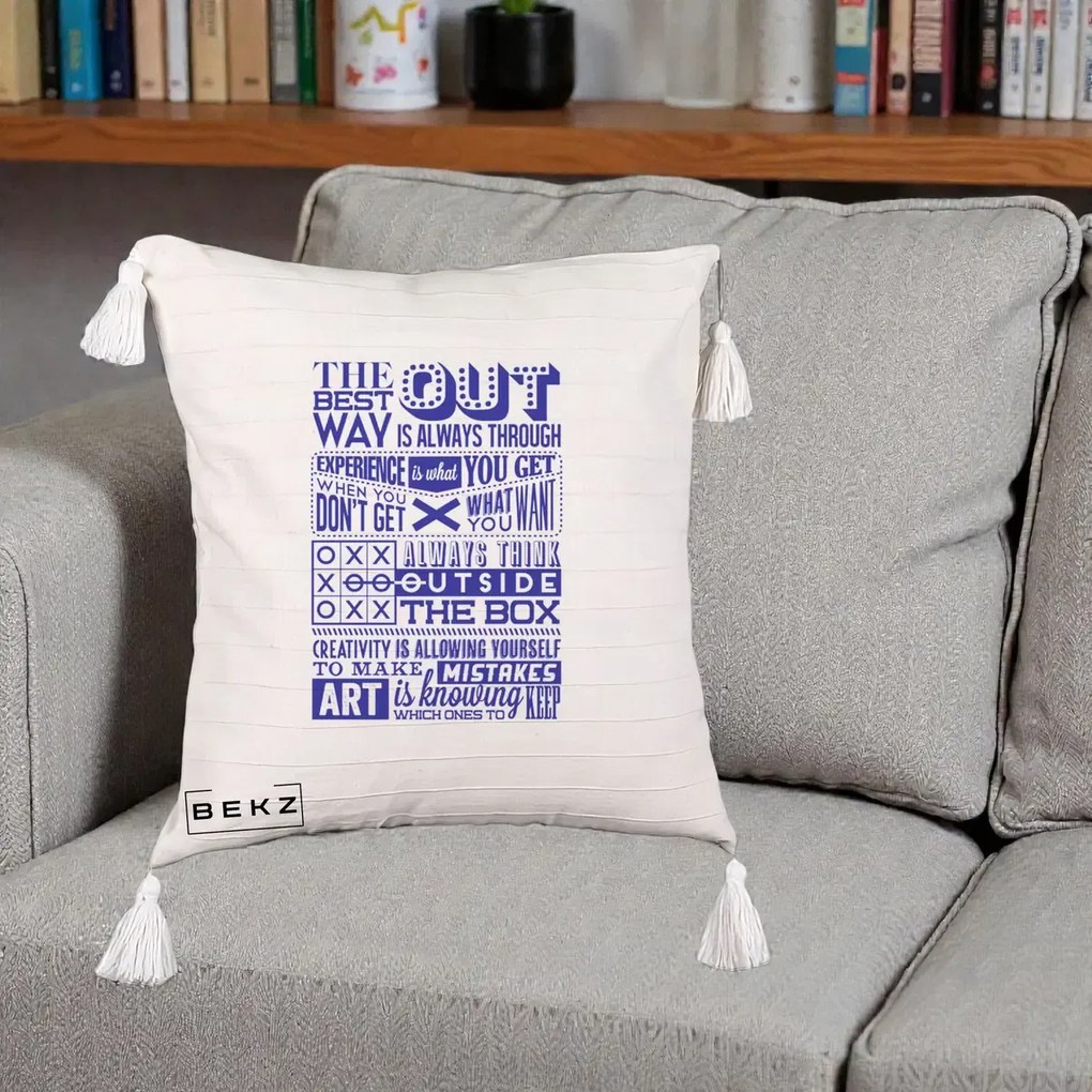 Perna Decorativa Citate Creativitate Albastru, 40x40 cm, Bej cu Franjuri, Husa Detasabila, Perna Inclusa, BEKZ®