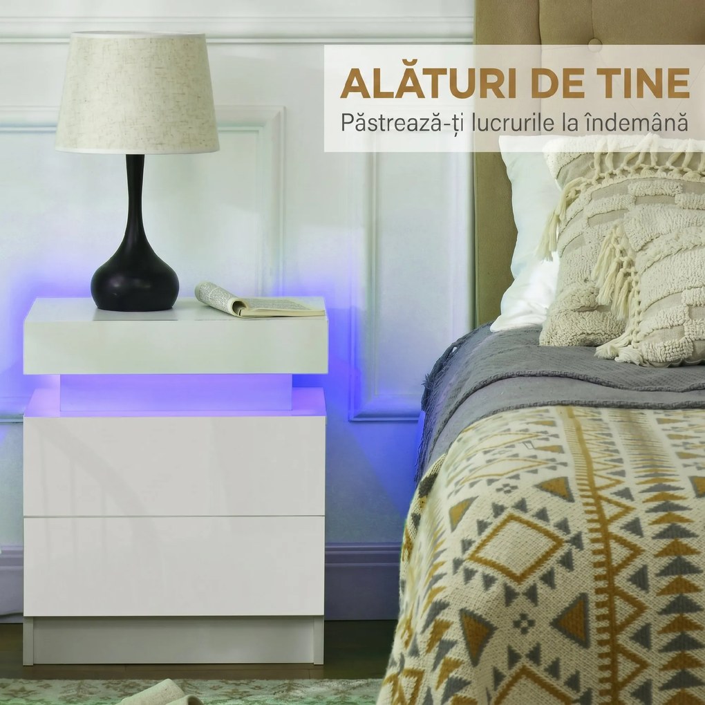 Noptiera alba HOMCOM cu lumina LED RGB, noptiera frontala lucioasa cu 2 sertare, pentru camera de zi, dormitor | Aosom RO