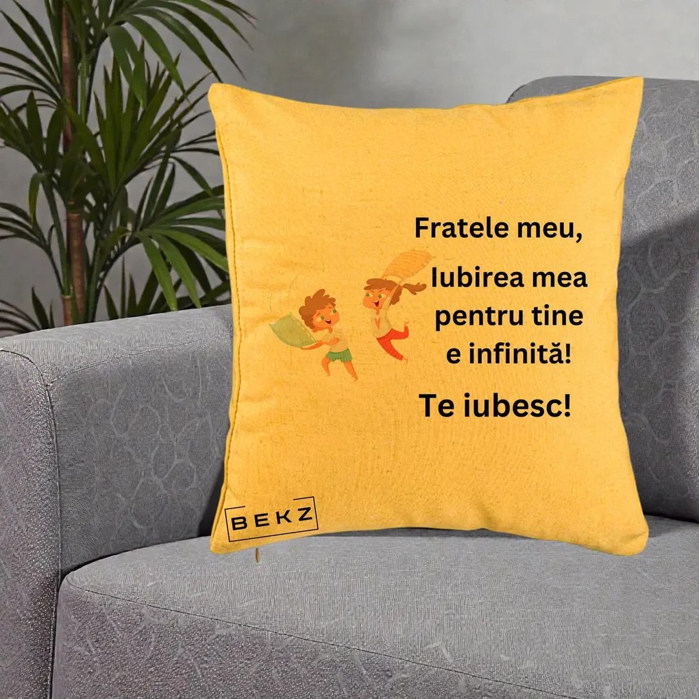 Cadou pentru Frate - Perna Personalizata Fratele Meu Te Iubesc Copii Batalie Perne, 40x40 cm, Galben, Husa Detasabila, Perna Inclusa, BEKZ®