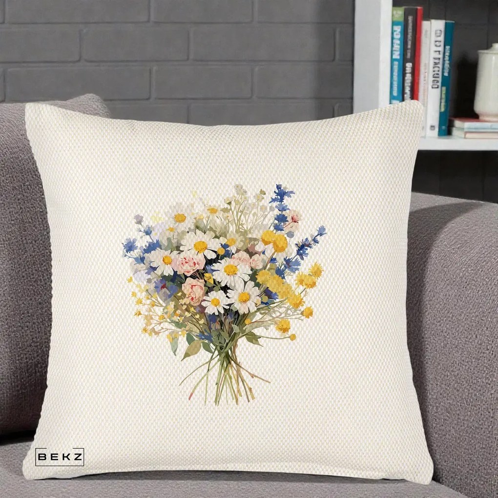 Perna Decorativa Buchet Camp Acuarela Margarete-Lavanda, 40x40 cm, Crem Reliefat, Husa Detasabila, Perna Inclusa, BEKZ®