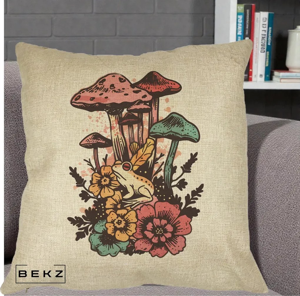 Perna Decorativa Ciuperci si Broaste Boho, 40x40 cm, Crem, Husa Detasabila, Perna Inclusa, BEKZ®
