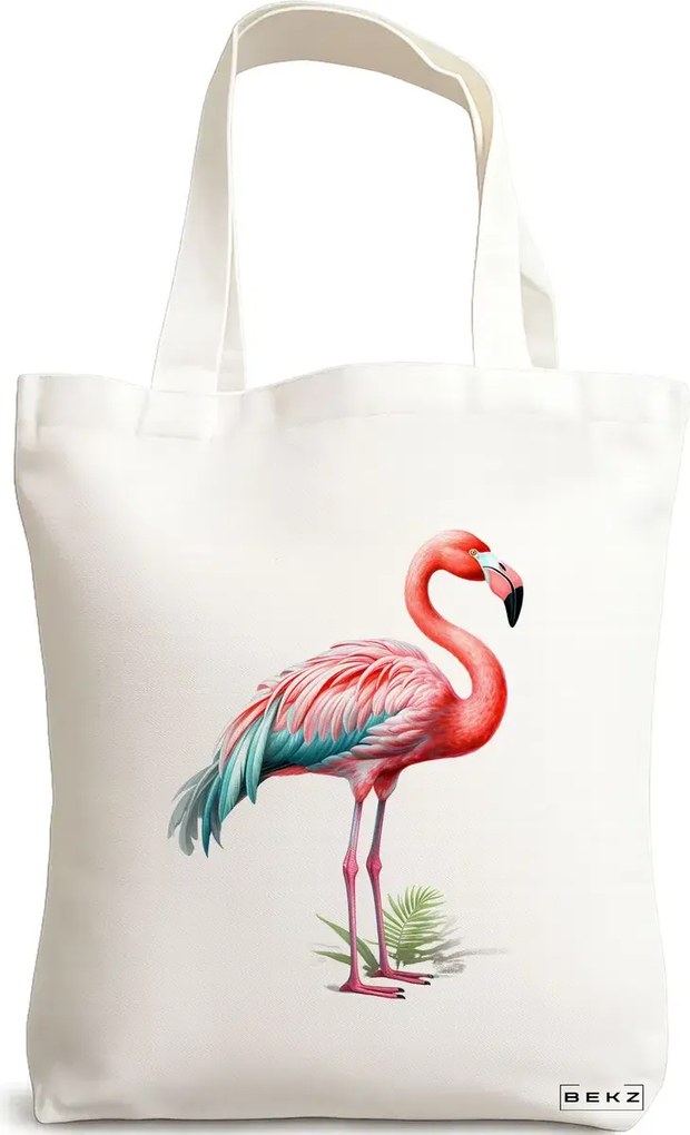 Sacosa de Panza pentru Cumparaturi, Geanta Tote, model Flamingo 2 38 x 34.5 cm, Alba, BEKZ®