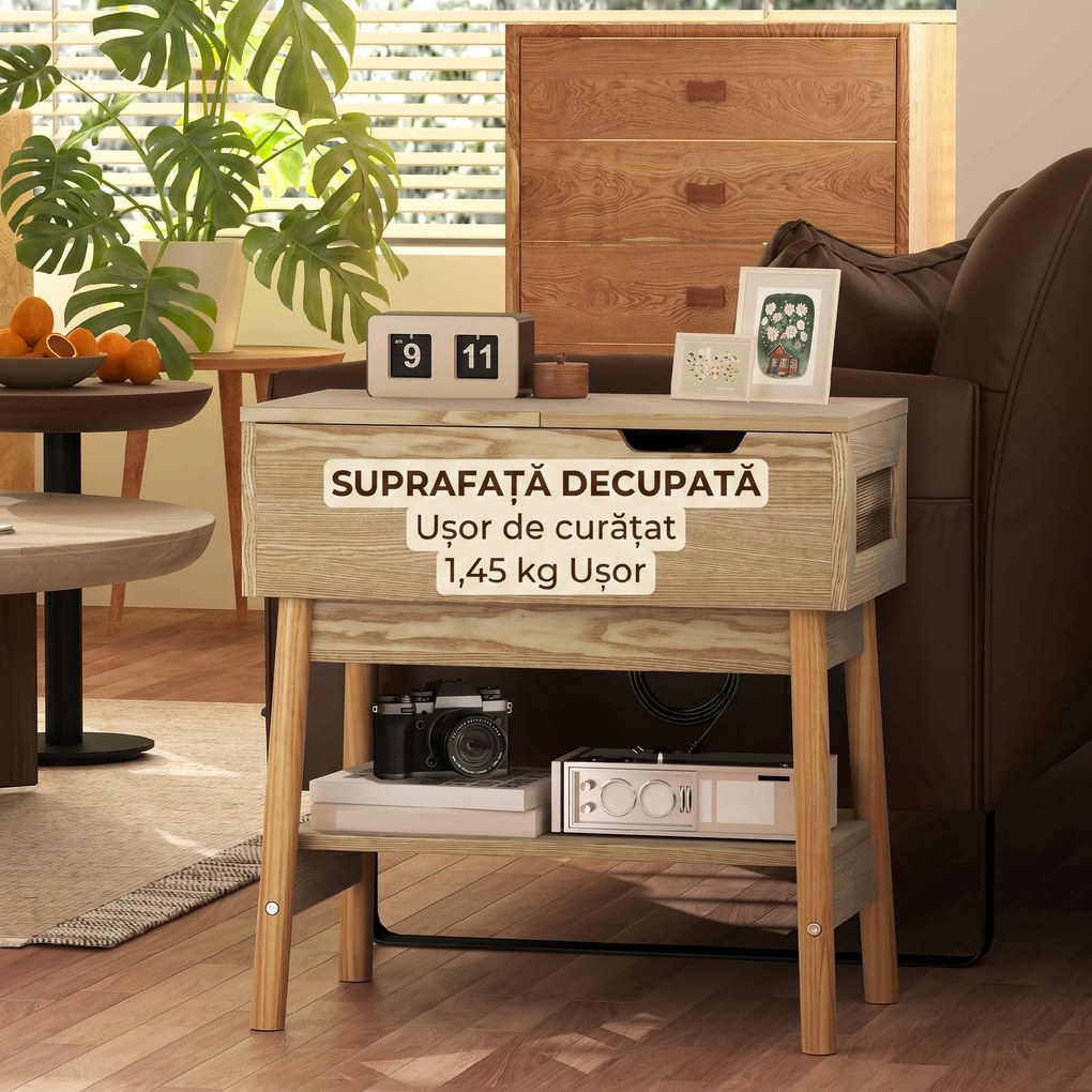 HOMCOM Măsuță de Sufragerie cu 2 Prize CA, Porturi USB, Raft Rabatabil și Raft Deschis, 30x60x60,5 cm, Natural | Aosom Romania