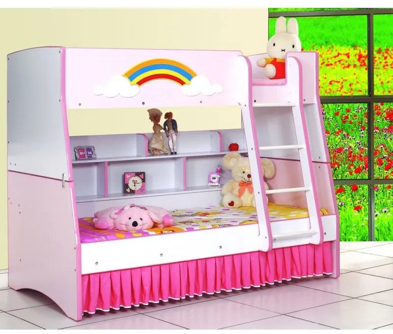 Patut camera de copii , pat supraetajat MDF 90x190 cm model curcubeu roz