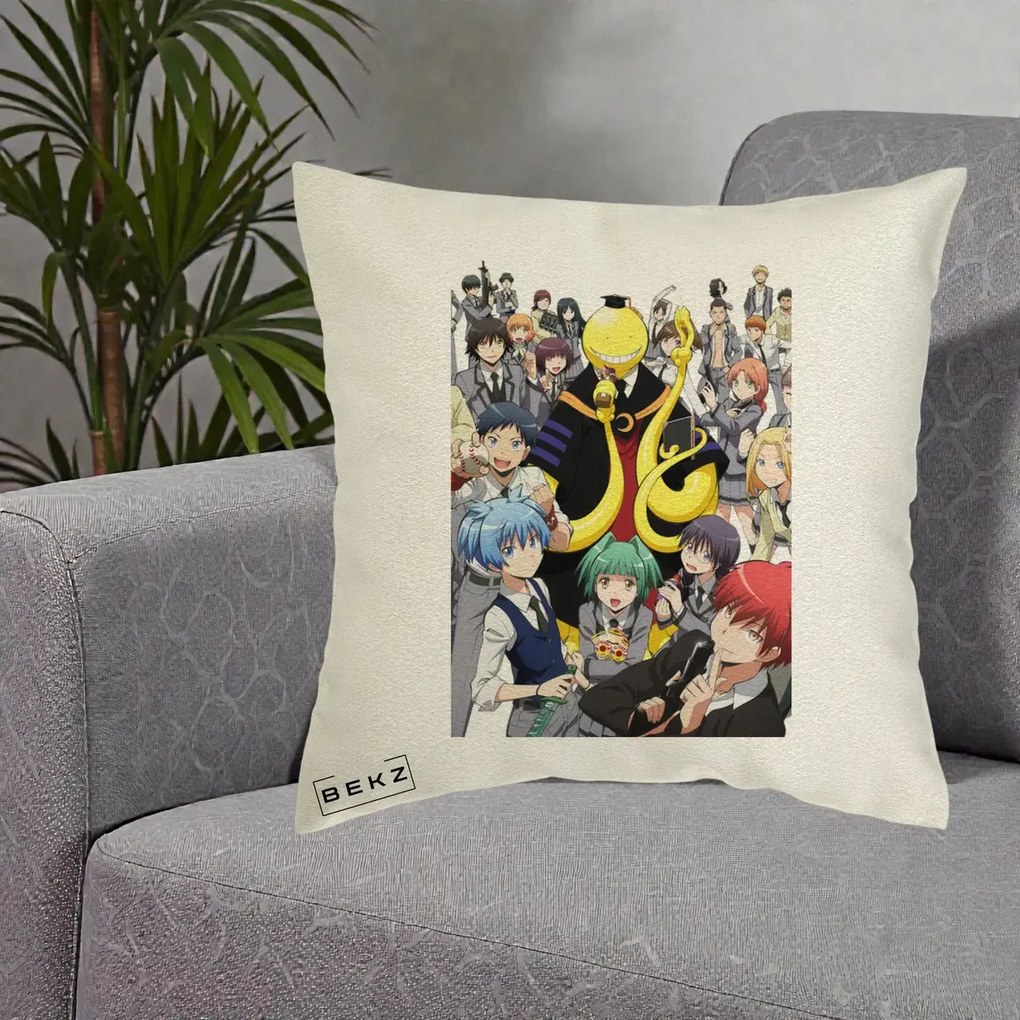 Perna Personalizata Assassination Classroom Grup Complet Anime, 40x40 cm, Ecru, Husa Detasabila, Perna Inclusa, BEKZ®