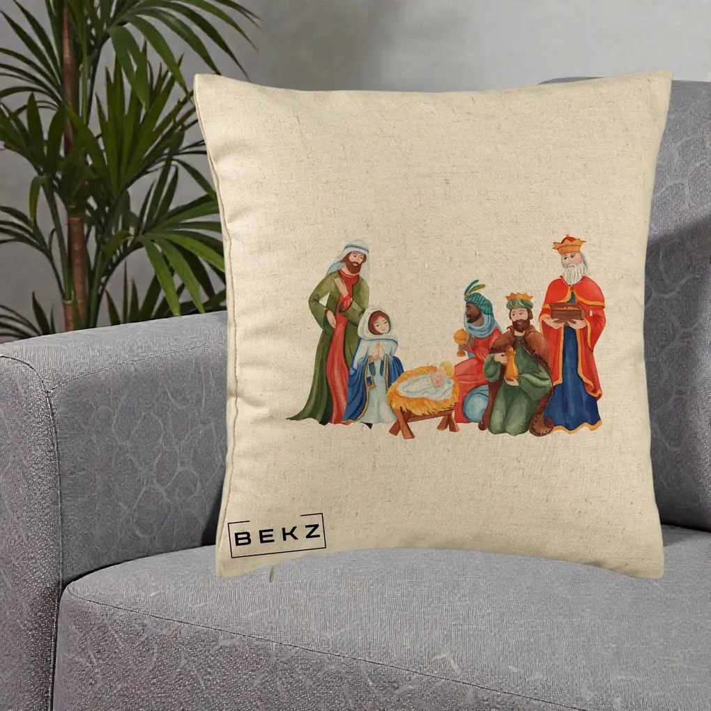 Perna Decorativa Nasterea Domnului Cei Trei Magi Acuarela, 40x40 cm, Bej, Husa Detasabila, Perna Inclusa, BEKZ®