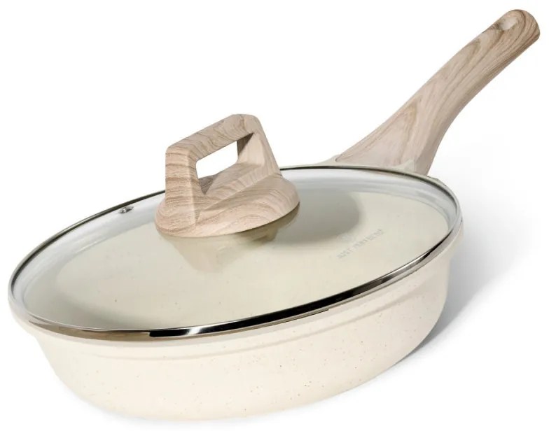 Tigaie Just Perfecto JL-41, 24 cm, Capac din sticla, Acoperire marmura, Fara PFAS, Inductie, Bej