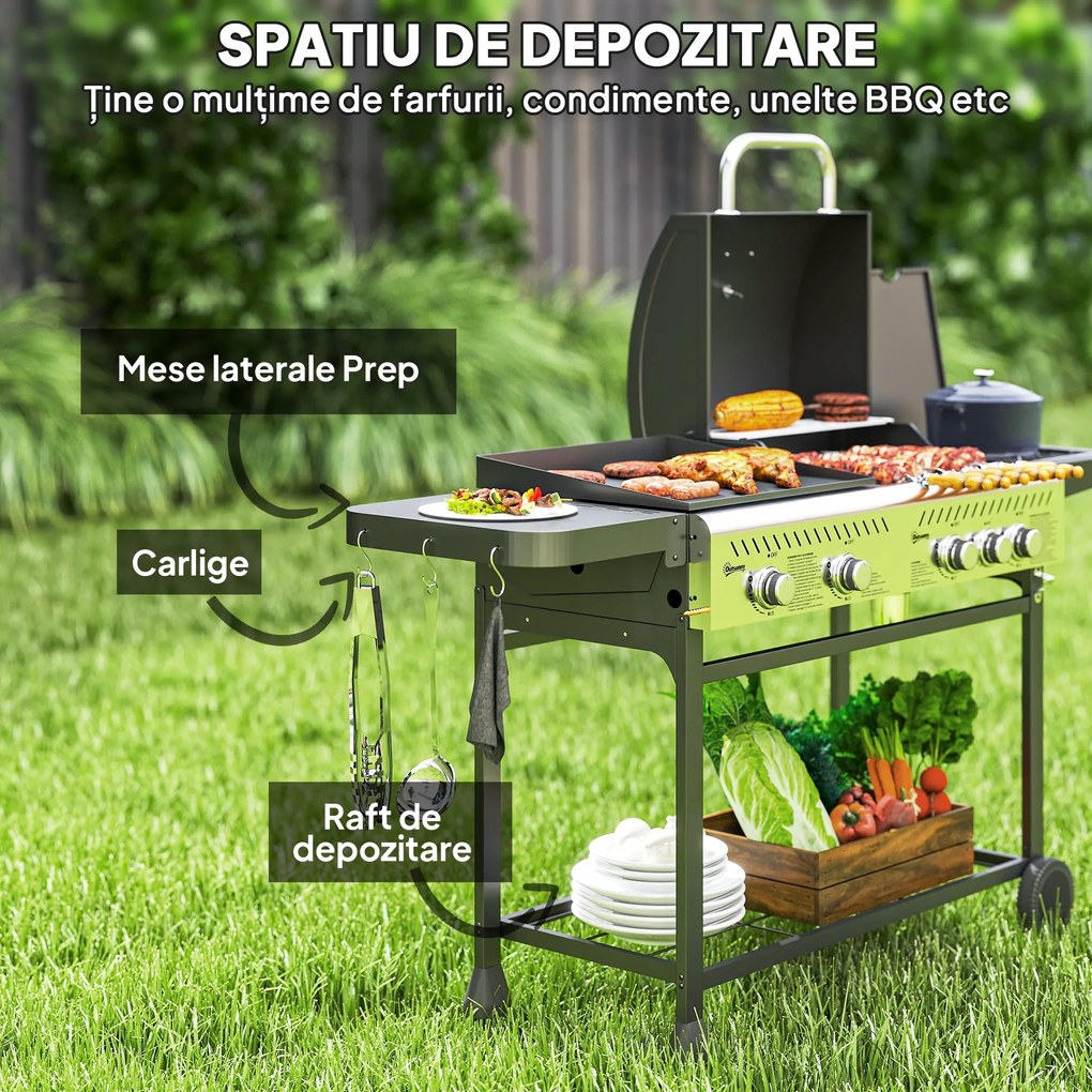 Outsunny Grătar pe Gaz cu Plită și Arzător, Capac cu Termometru Negru | Aosom Romania