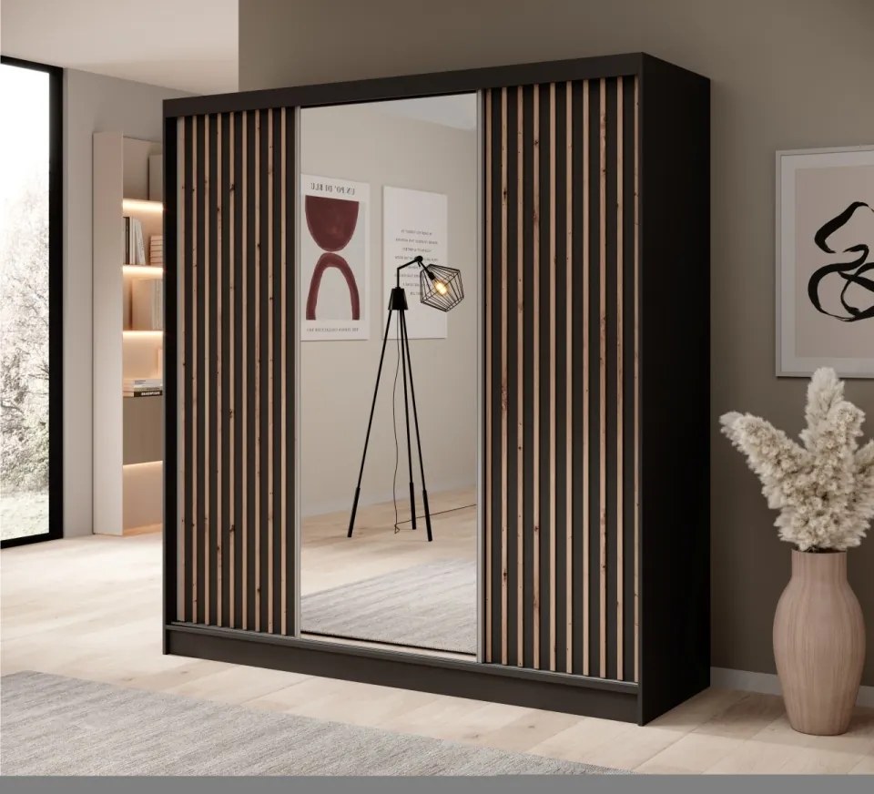 Dulap cu usi glisante si oglinda, 200x61x215 cm, Ida 200, ADRK Furniture (Culoare: Alb / Negru)