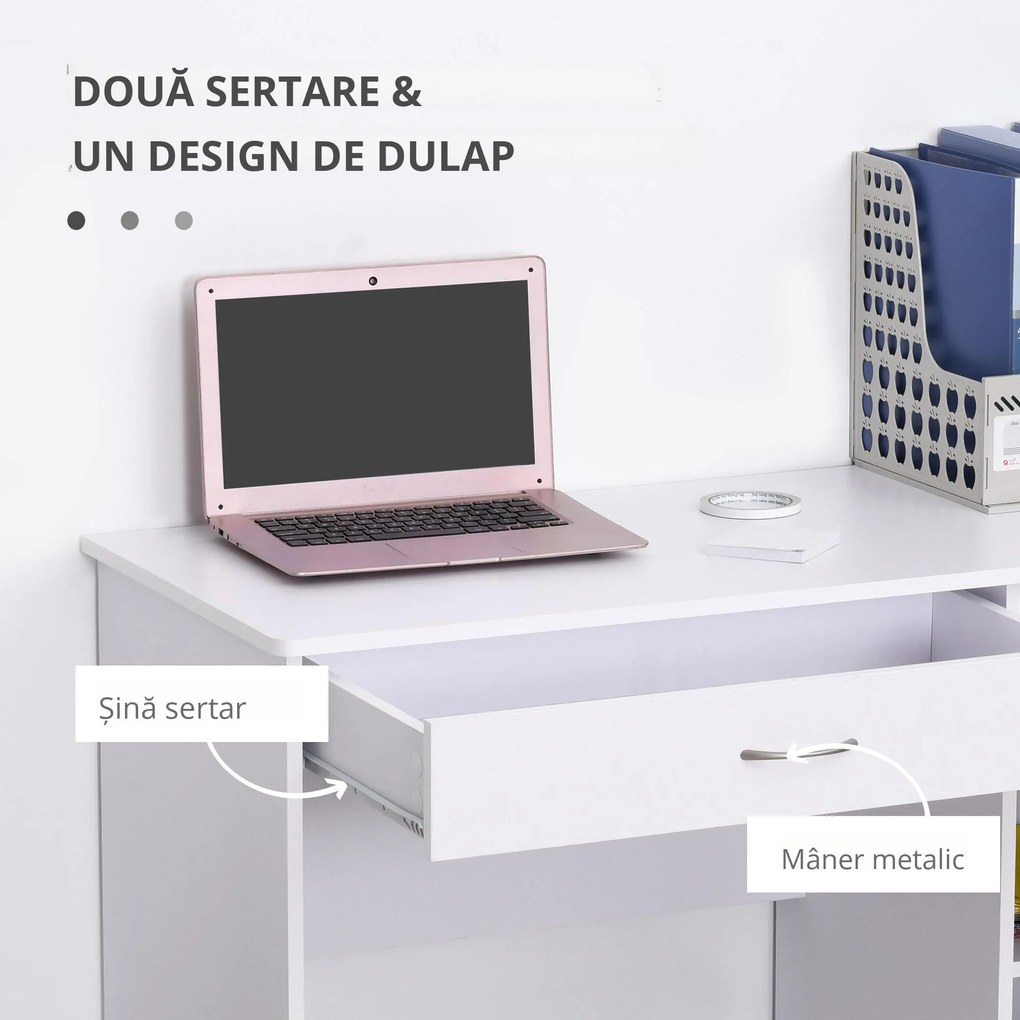 HOMCOM Birou Modern pentru PC si Computer cu 2 Sertare si 1 Dulap pentru Birou sau Camera din Lemn Alb | Aosom Romania