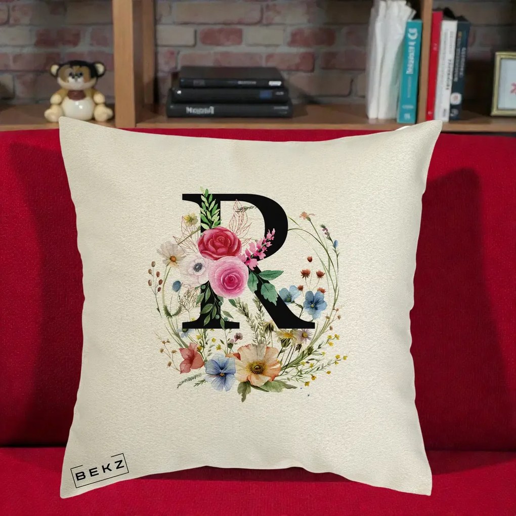 Cadou Personalizat - Perna Personalizata Monogram Litera R cu Flori Acuarela, 40x40 cm, Ecru, Husa Detasabila, Perna Inclusa, BEKZ®