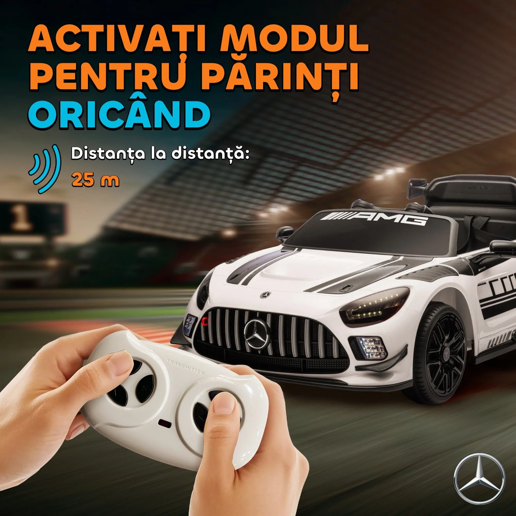 AIYAPLAY Mașinuță Electrică pentru Copii 3-8 Ani Mercedes-AMG 12V cu Telecomandă, Lumini LED, Roți de Transport, Alb | Aosom Romania