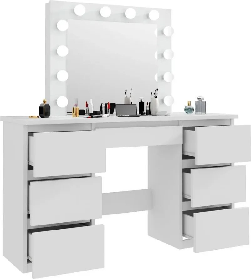 Masuta machiaj cu Oglinda LED si 7 Sertare pentru Cosmetice, Set Masa toaleta 120 cm, Alb, masuta cosmetica, vanity - SEA516