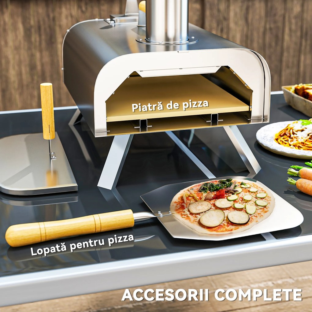 Outsunny Cuptor de Pizza cu Peleți din Lemn, Piatră Refractară și Lopată, 79x36x75 cm, Argintiu | Aosom Romania