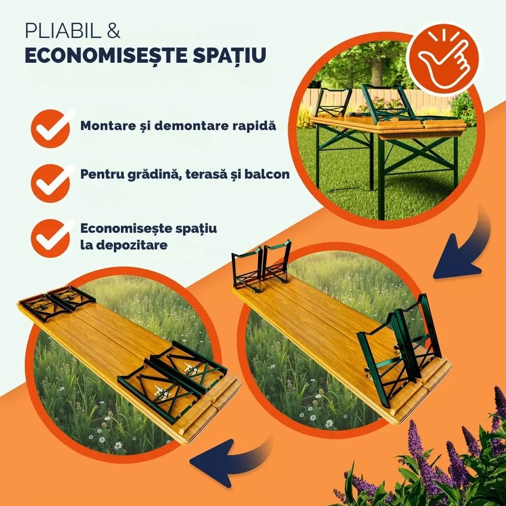 Set de masă pentru bere KLASIK, 170cm, maro natural Casaria