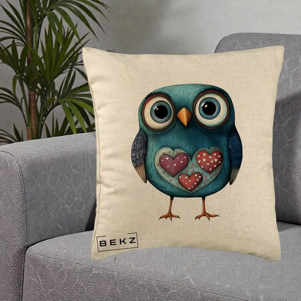Perna Decorativa Bufnita Teal cu Doua Inimi, 40x40 cm, Bej, Husa Detasabila, Perna Inclusa, BEKZ®
