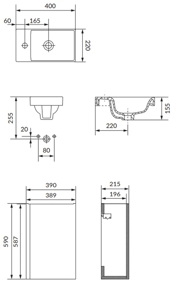 Set dulap baie suspendat o usa cu lavoar Cersanit Moduo inclus, 40 cm, antracit mat, B885, montat