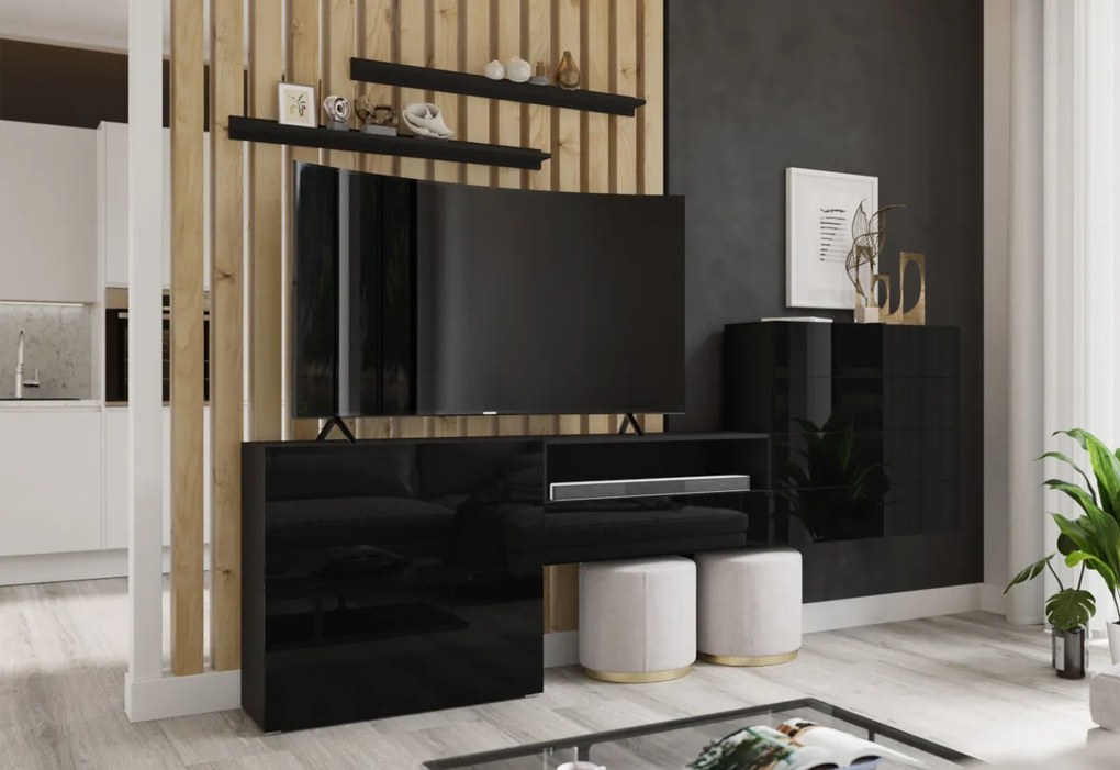 Expedo Set living ELPASO 52 + LED iluminat, negru/negru lucios