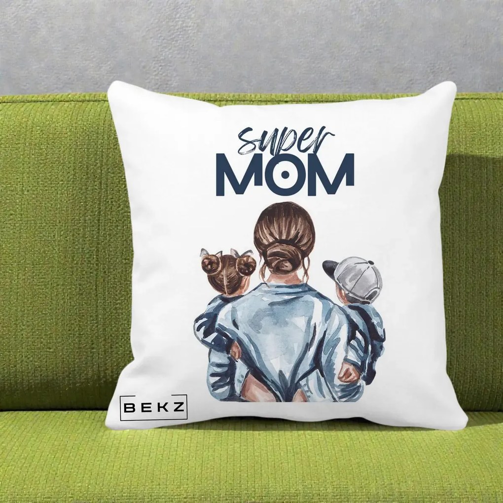 Cadou pentru Mama - Perna Personalizata Super Mom, 40x40 cm, Alba Mata, Husa Detasabila, Perna Inclusa, BEKZ®