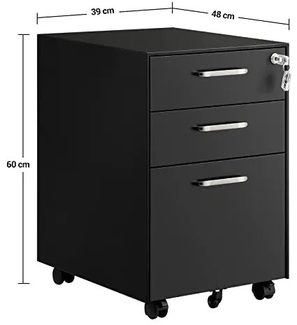 Corp mobil pentru birou / rollbox cu 3 sertare, 48 x 39 x 60 cm, metal, negru, Songmics