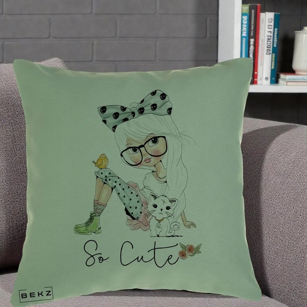 Perna Decorativa So Cute Fata Fashion, 40x40 cm, Verde, Husa Detasabila, Perna Inclusa, BEKZ®