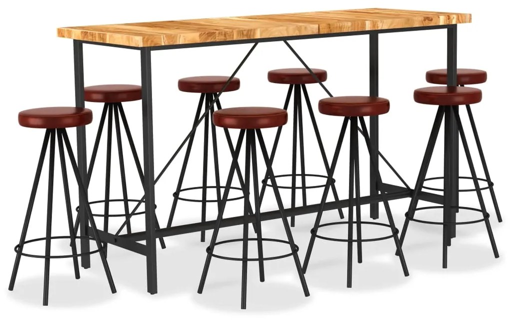 vidaXL Set de bar, 9 piese, lemn masiv de acacia și piele naturală