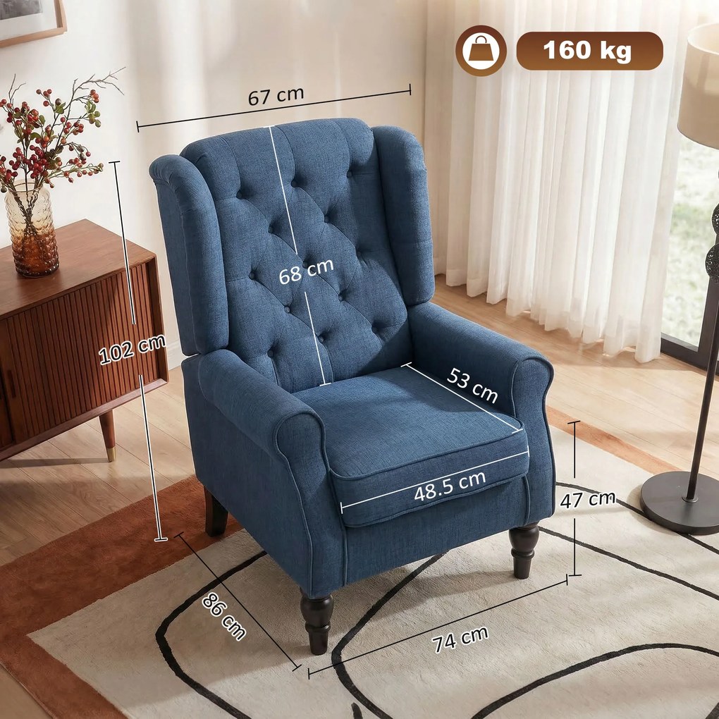 HOMCOM Scaun Decorativ Capitonat cu Spatar Inalt, Cotiere Rotunjite Captusite și Sezut cu Captuseala Groasa, Albastru | Aosom Romania