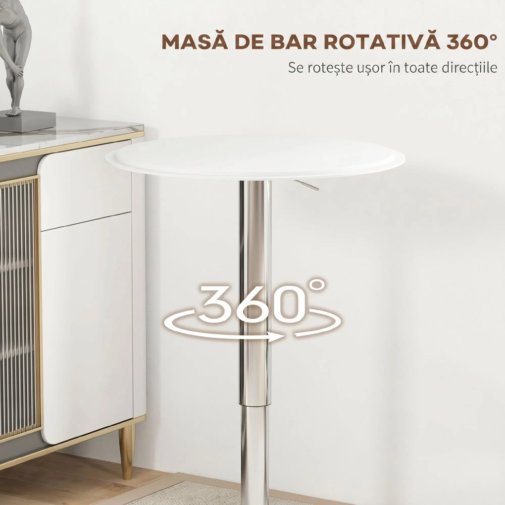 HOMCOM Masă de Bar Rotundă Ø63 cm, Reglabilă pe Înălțime 67-93 cm, cu Structură Metalică și Blat Rotativ 360°, Albă | Aosom Romania