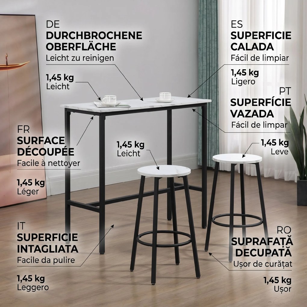 HOMCOM Set Masă și 2 Scaune de Bar din PAL, MDF și Oțel, 100x40x90 cm, Alb și Negru | Aosom Romania