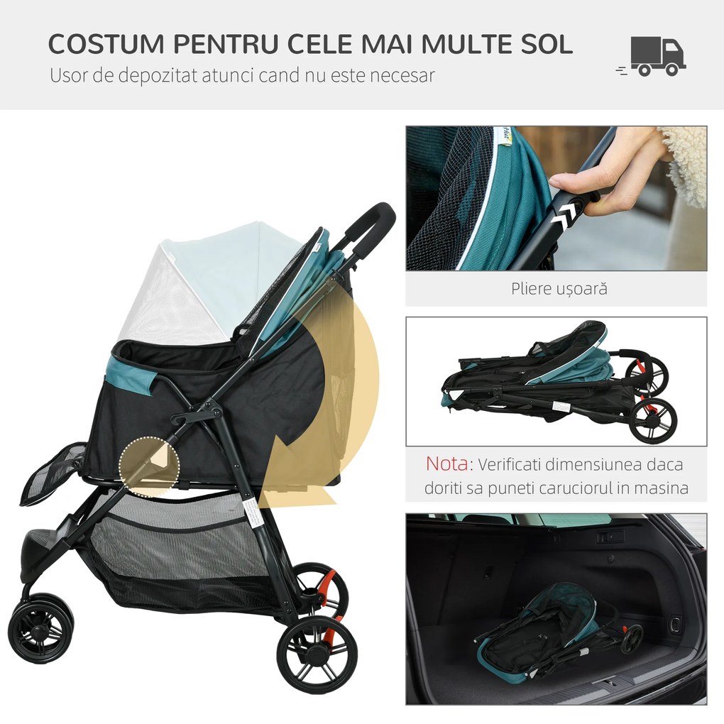 PawHut Cărucior pentru Câini cu 3 Roți, Cărucior Pliant cu Husă de Ploaie, Coș și Curea, 80,5x51,5x100 cm, Verde Închis | Aosom Romania