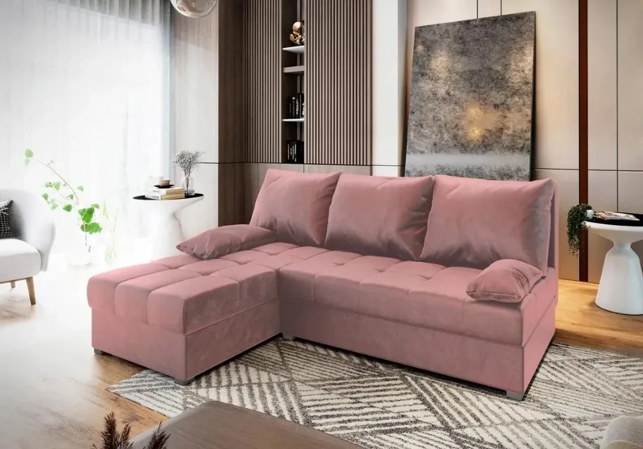 OFERTA Canapea coltar extensibila roz ZENA, reversibila calitatea II