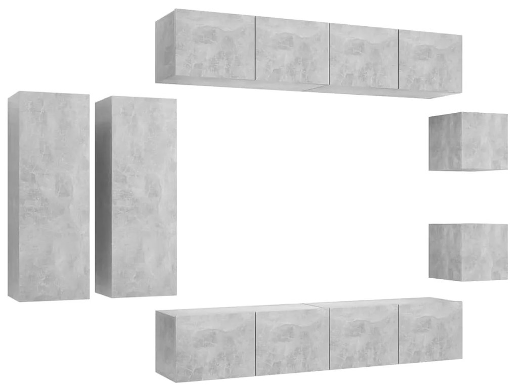 3079125 vidaXL Set de dulapuri TV, 8 piese, gri beton, lemn prelucrat