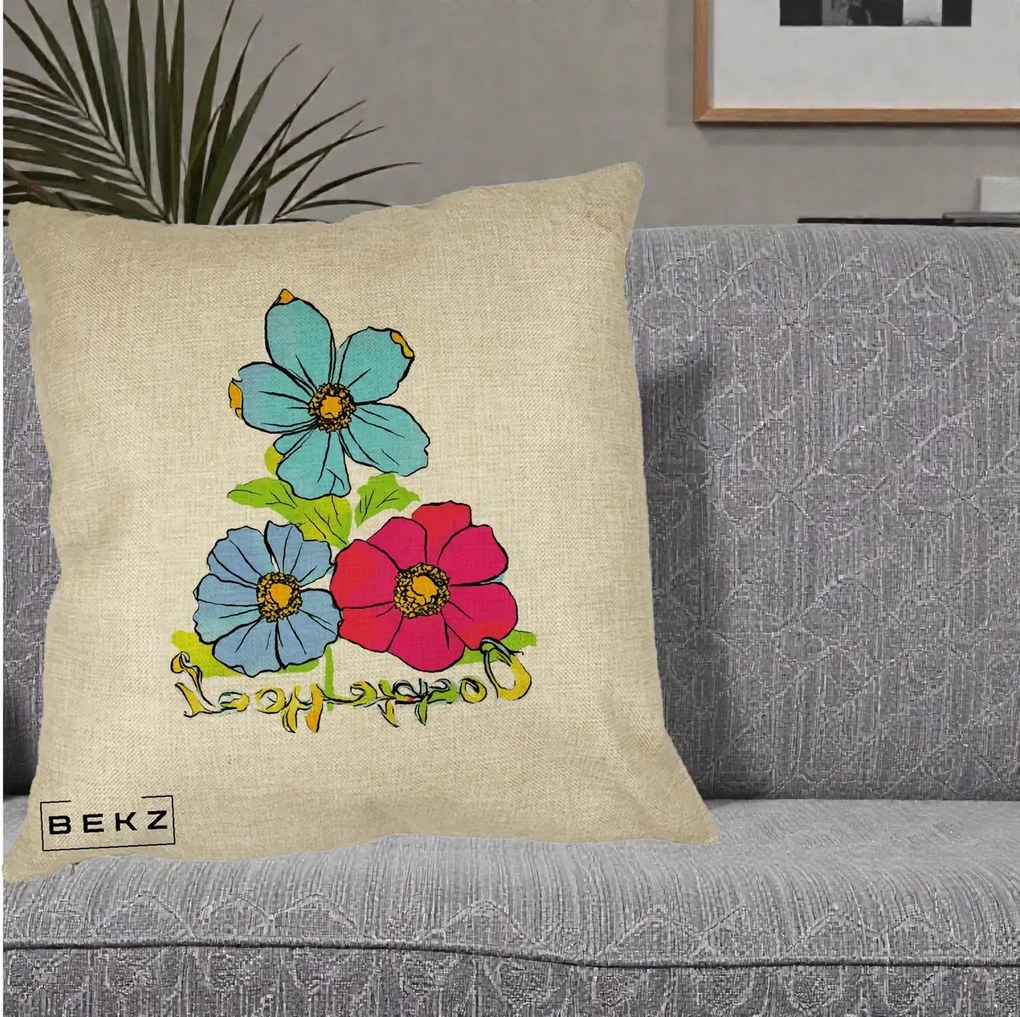 Perna Decorativa Trei Flori Grafice Pop Art, 40x40 cm, Crem, Husa Detasabila, Perna Inclusa, BEKZ®