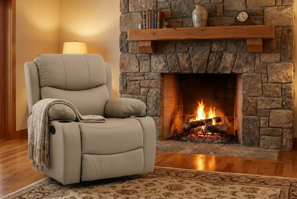 Fotoliu Masaj, Incalzire, rabatabil, sezut cu arcuri metalice, suport picioare extensibil, piele PU, Maro deschis