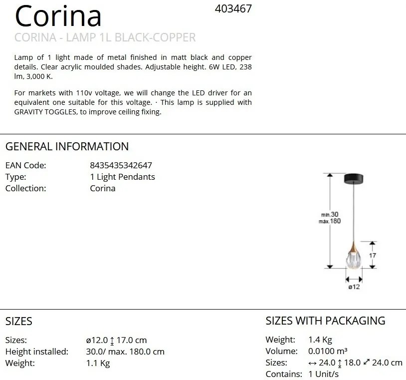 Pendul LED design modern Corina negru/ cupru